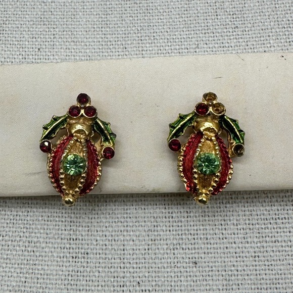 VTG Holly Rhinestone Gold Tone Tear‎ Clip On Earrings Christmas Mistletoe READ - Picture 1 of 9